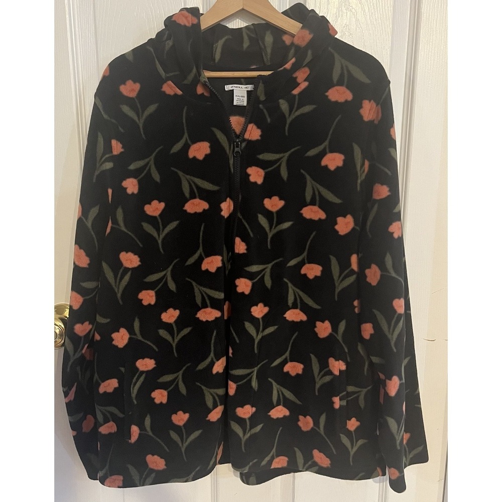 O'Neill Floral Polar Fleece Hoodie XXL Black Pink Half Zip Pullover Cozy Soft